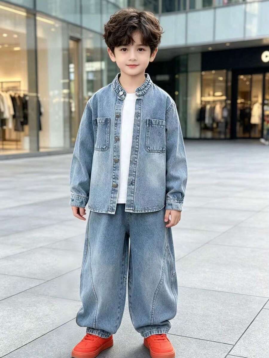 Boys' Autumn Loose Fit All-Over Print Long Sleeve Denim Jacket & Denim Pants 2 Pieces Set, Suitable For Back To School, Daily Wear And Outdoor Activities - Baby Blue - View 1