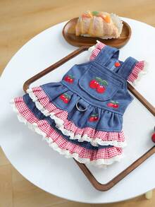 PETCIRCLE 1件寵物衣服 小狗幼犬貓用 可愛甜美風 無袖刺繡櫻花飾邊洋裝 - 彩色 - 查看 4