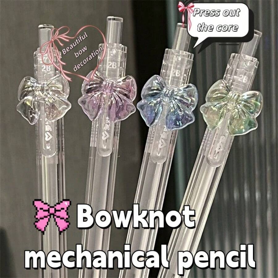 1支彩虹蝴蝶結自動鉛筆 透明筆桿 2B 0.7mm 按壓式自動鉛筆 蝴蝶結裝飾 順滑書寫素描文具 開學禮物 - A - 查看 1