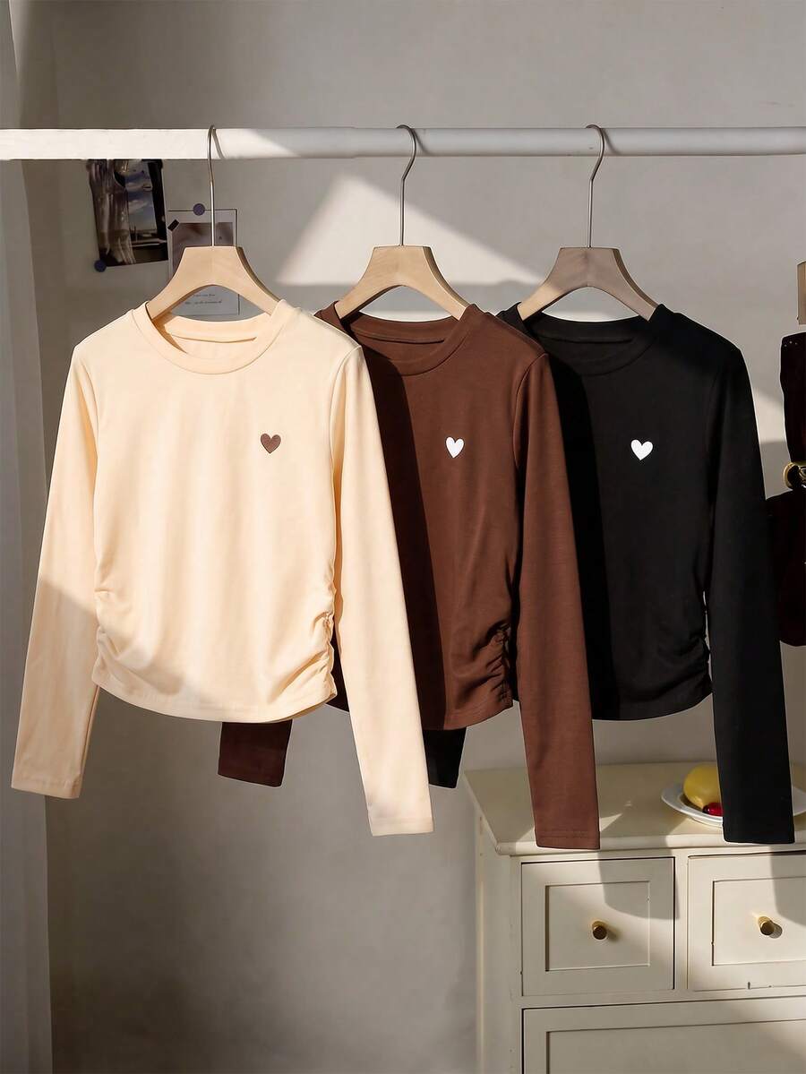 3pcs/Pack Tween Girls Casual Fashion Solid Color Heart Print Ruched Waist Long Sleeve Tops, Versatile For Daily Wear And Outings, Spring/Autumn - Multicolor - View 1