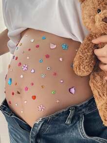 3D Sweet Style Rhinestone Bow Maternity Belly Sticker, Pregnancy Photo Prop, Glitter Body Gem Sticker, Suitable For Expectant Mothers, Baby Shower And Gender Reveal Party - Multicolor - View 3