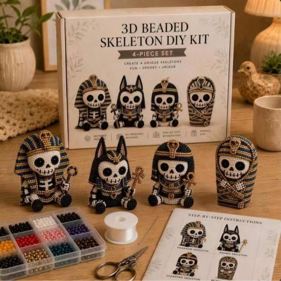 4件組 3D珠飾套組，多款風格。珠飾動物套組，迷你3D珠飾動物DIY套件，萬聖節鑰匙圈珠飾製作套組，含說明書與材料。可愛獨特的手作萬聖節裝飾品。聖誕裝飾，DIY手作，有意義的節日禮物