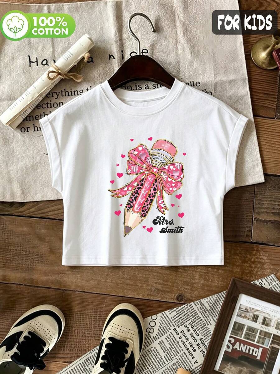 Tween Girls' Cotton Cropped Cuffed Sleeve Tee, Graphic Print, Cute Sweet Preppy Girl Style - White - View 1