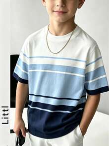 Boys' Striped Colorblock Knit Short Sleeve Burgundy Casual Summer Pullover - Baby Blue - View 11