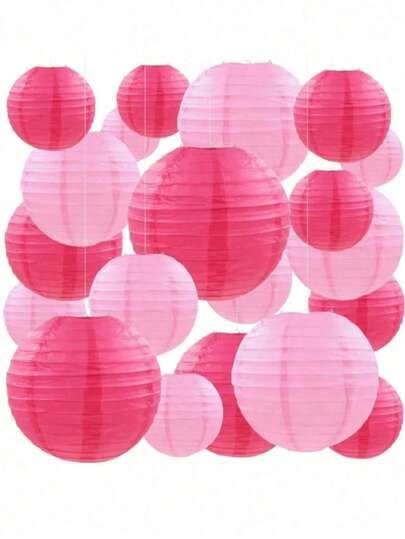 5pcs Pink & Magenta Round Hanging Paper Lanterns, Chinese Style Paper Lanterns, Suitable For Country Party, Bridal Shower, Home Decor, Birthday Party, Wedding Backdrop Decoration, Valentine's Day, Halloween, Christmas Decoration