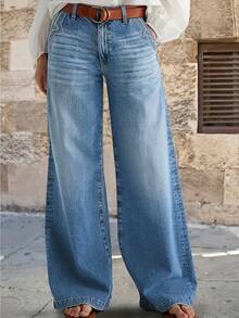 Celana Jeans Denim Biru Vintage Washed Model Lurus dengan Bordir untuk Wanita, Minimalis, Modis - Medium Wash - View 1