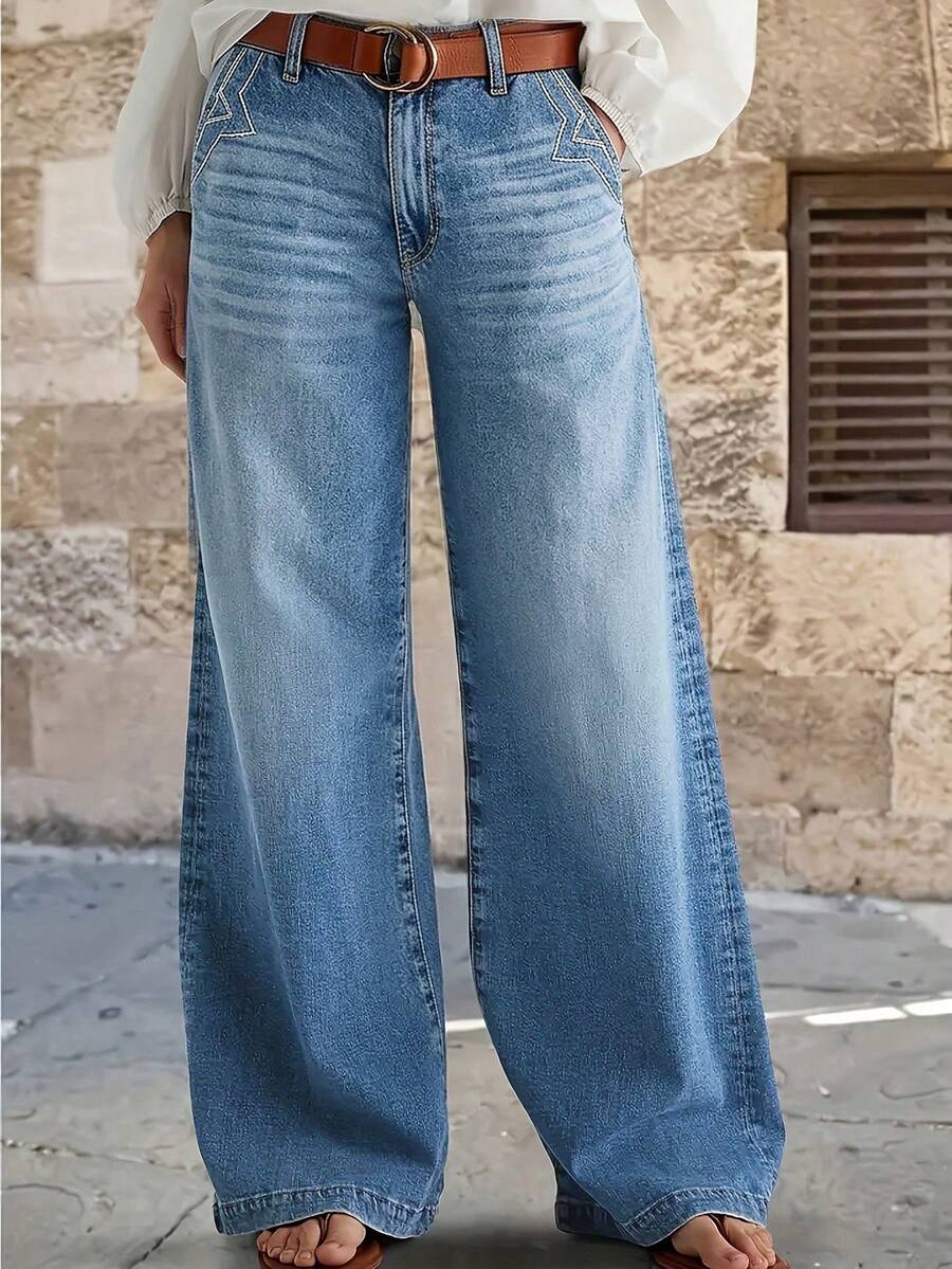 Celana Jeans Denim Biru Vintage Washed Model Lurus dengan Bordir untuk Wanita, Minimalis, Modis - Medium Wash - View 1