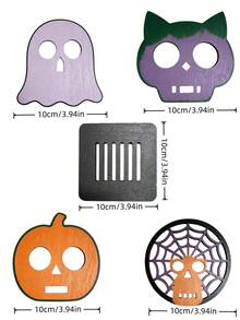 6pcs/1set Halloween Wooden Coasters With Base, 4 Styles Pumpkin Lantern Ghost Cat Skull Spider Web Coaster Set, Desktop Decor Drink Coasters, Farmhouse Style Halloween Home Kitchen Bar Decor - Multicolor - View 6