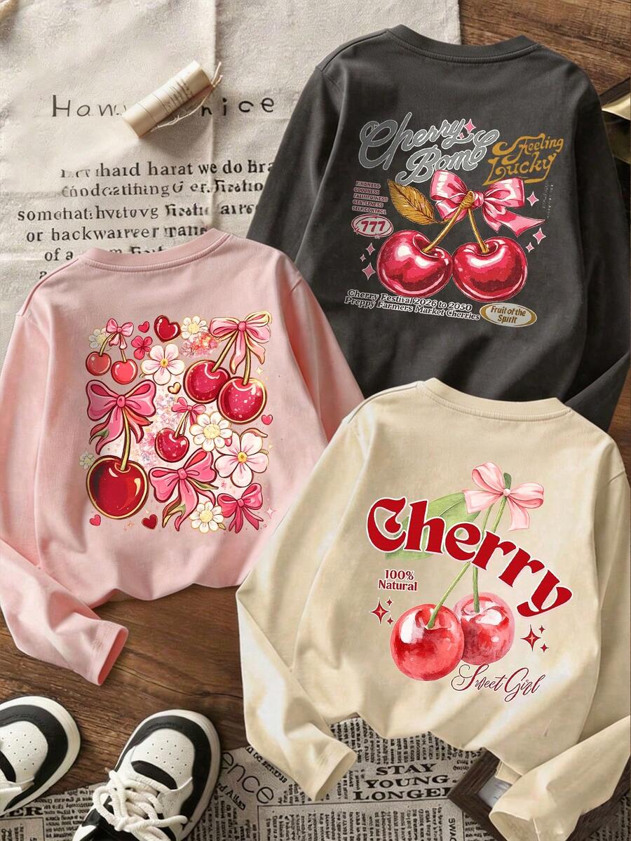 3pcs Tween Girls Cherry Bow Print Long Sleeve T-Shirts, Vintage Letter Graphic Soft Autumn Casual Tween Girl Tops - Multicolor - View 1