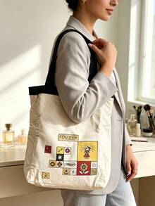 L'Occitane Cartoon Patch Canvas Tote Bag Snap Closure Cotton Shoulder Bag Large Capacity Beach & Daily Shopping Handbag Ladies Gift Bag LOCCITANE-GIFT-72 - White + Black - View 9