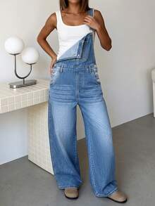 Overall Denim Wanita Model Lurus, Longgar, Kasual, dengan Desain Saku, Saku Tempel, dan Potongan Lurus, Cocok untuk Musim Gugur. - Medium Wash - View 2