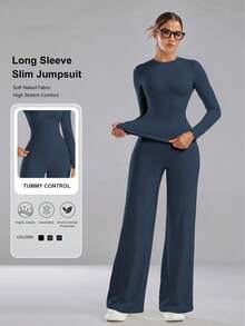 Women's Long Sleeve Slim-Fit Top And Wide Leg Pants Set, High Stretch, Breathable Two Pieces Outfit For Fall And Winter - Navy Blue - View 2