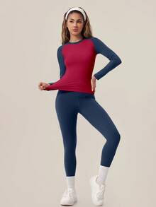 TimeOff Women's One Set Colorblock Round Neck Long Sleeve High Waist Leggings Gym Workout Set - Navy Blue - View 7