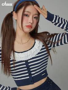 CHUU Solid Color Knit Ruffle/Lettuce Trim Sweater, Holiday Daily Date Back To School Party Autumn/Winter Pullover - Navy Blue - View 4