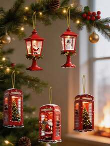 2D Flat Wooden Christmas Hanging Decor, Red London Telephone Booth & Street Lamp Pendant, Christmas Decoration, Santa Claus Snowman Mini Christmas Tree Ornament, Winter Holiday Window & Door Hanging Sign, Festive Wooden Christmas Tree Home Party Gift Decor - Multicolor - View 6