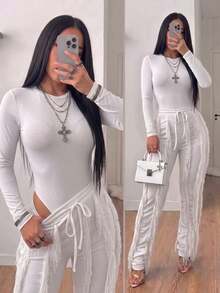 CALEBGAR Women's Sexy Two Piece Outfits Long Sleeve Fringe Pants Set Clubwear Going Out Birthday Party Night Outfits - 白色 - 查看 2