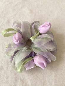 1pc Light Purple Tulip Mesh Scrunchie, Mori Style Gradient Organza Satin Flower Hair Tie, Gentle Girl Hair Accessory - Mauve Purple - View 2