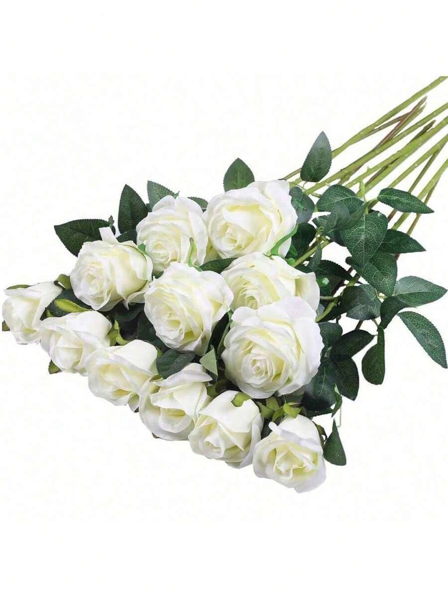 1/10/20/30pcs White Artificial Roses, Silk Velvet Texture Fake Flower Bouquet, Long Stem Artificial Roses Bulk Pack, Suitable For Valentine's Day Gift DIY Wedding Centerpiece, Table Decor, Bridal Shower, Party, Home Decor, Living Room Decor - White - View 1