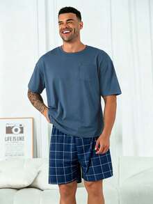 Men's Plus Size Casual Loose Minimalist Wearable Spring Summer Pocket Crew Neck Short Sleeve Plaid Shorts Pajama Set 2-Piece - Navy Blue - View 4