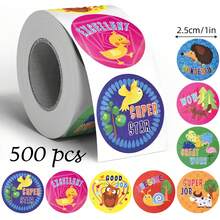 500pcs Cartoon Animal English Reward Round Stickers, 1 Inch, High Saturation Macaron Bright Colors, Hand-Drawn Cute "High Five" ", First Day Of School - Multicolor - View 12