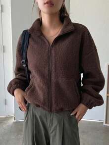 女款優雅棕色拉鍊羊毛短夾克，時尚春夏新款純色泰迪夾克，休閒戶外上衣，情侶夾克，寬鬆長袖街頭風，健身穿搭，度假、開學、派對穿搭 - 咖啡 - 查看 8