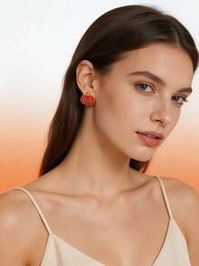 1 Pair Halloween Red Pumpkin Lantern Earrings, Funny Smiling Cartoon Pumpkin Ear Studs, Daily Wear Jewelry - Orange - View 3
