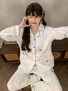 2pcs Women's Pajama Set, Cute Puppy Print Lapel Cardigan Fashion Long Sleeve Pants, Comfortable For Home Wear (Random Print) - Baby Blue - View 10