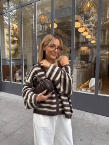 Brown And White Striped V-Neck Mohair Knit Cardigan, Soft Fluffy Dropped Shoulder Short Length, Vintage Slouchy Single-Breasted Long Sleeve Knit Cardigan - Brown - View 6