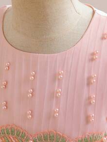 Tween Girls Faux Pearl Contrast Color Embroidered Mesh Elegant Party Dress, Headband Not Included - Pink - View 6