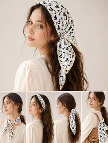 1pc Women White Geometric Triangle Print Triangle Bandana Lace Trim Lightweight Head Neck Scarf Hair Accessory - Multicolor - View 2