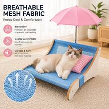 Elevated Wooden Cat Bed With Breathable Mesh, Summer Cat Lounge Chair With Sunshade And Soft Pillow, Cool Indoor Pet Hammock - Cadet Blue - View 8