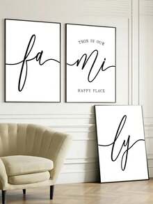 3pcs Family This Is Our Happy Place Minimalist Line Script Wall Arts, Living Room Entryway Farmhouse Bedroom Decor Posters, Family Lovers Minimalist Modern Home Decor Enthusiasts, Optional Frame Decoration Materials ﻿ - Black and White - View 3