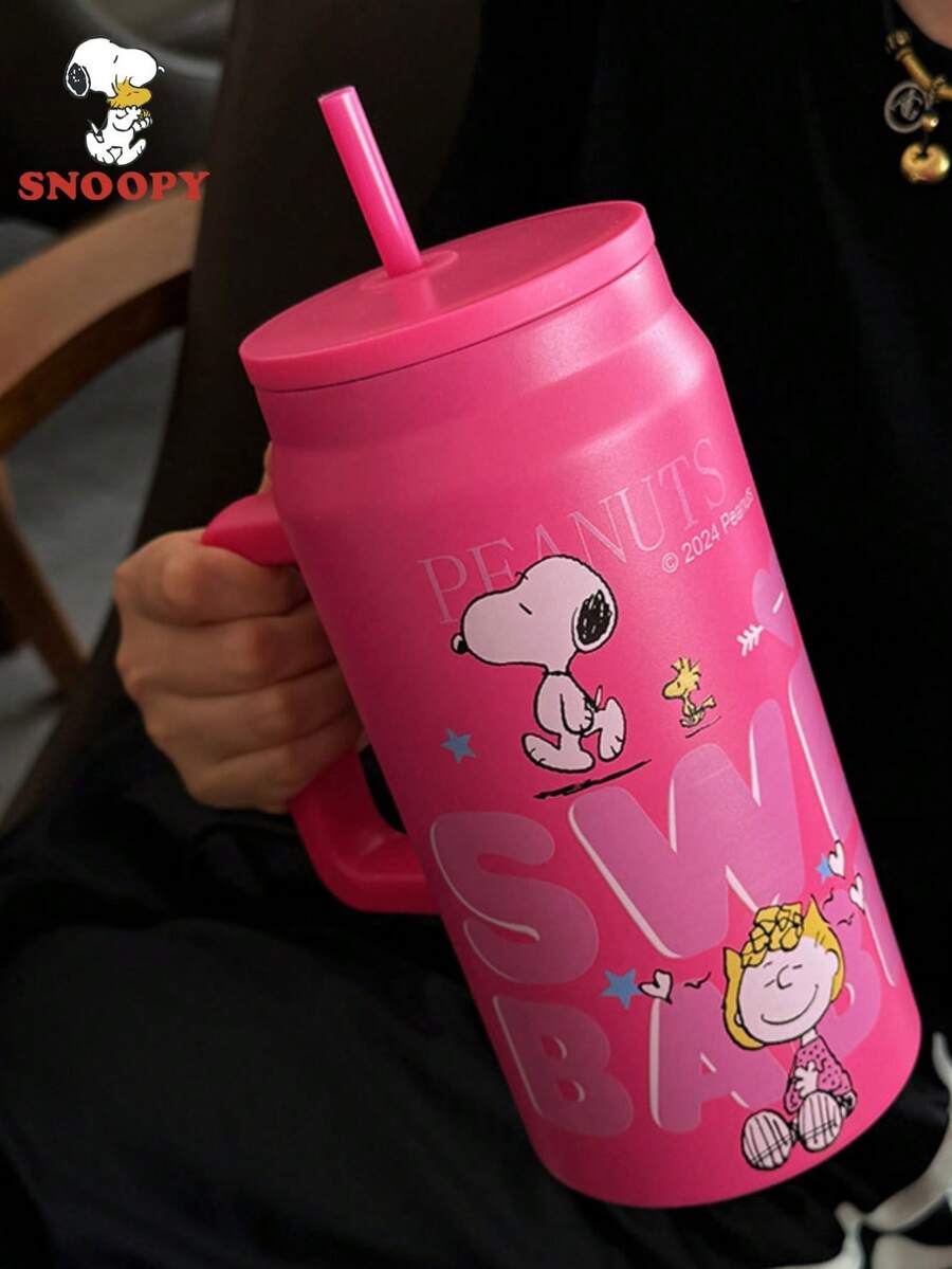 1個 Snoopy 大容量保溫便攜旅行冷水瓶 不鏽鋼咖啡杯 女款不鏽鋼吸管水杯 茶杯 50OZ
