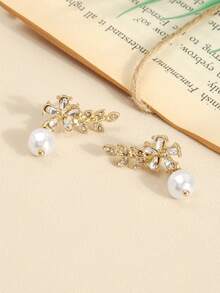 1 Pair Micro-Inlaid Rhinestone Leaf & Flower Pearl Elegant Niche Luxury High-End Design Stud Earrings For Women - Multicolor - View 6
