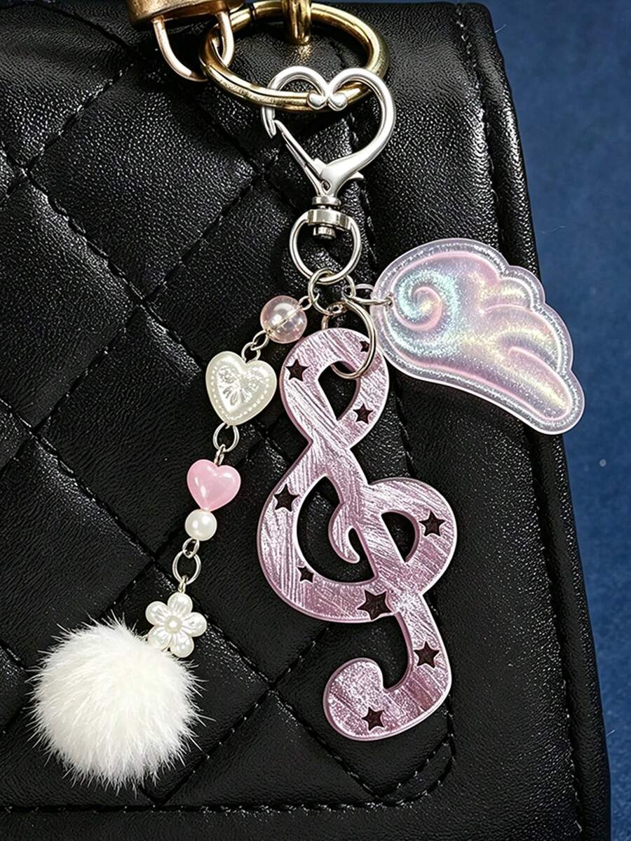 Acrylic Keychain Wing Bead Pom Pom Pendant, Heart Clasp Decor Ornament For Handbag Backpack Keys, Musical Fashion Accessory,Present For Music Lovers - Multicolor - View 1