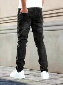 Jeans clásicos de mezclilla negra con estiramiento para hombres - Negro - Ver 2