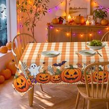 1pc Halloween Pumpkin Ghost Bat Plaid Print Polyester Tablecloth, Suitable For Kitchen, Dining Room, Holiday, Party Table Decor In Autumn/Winter - Multicolor - View 3