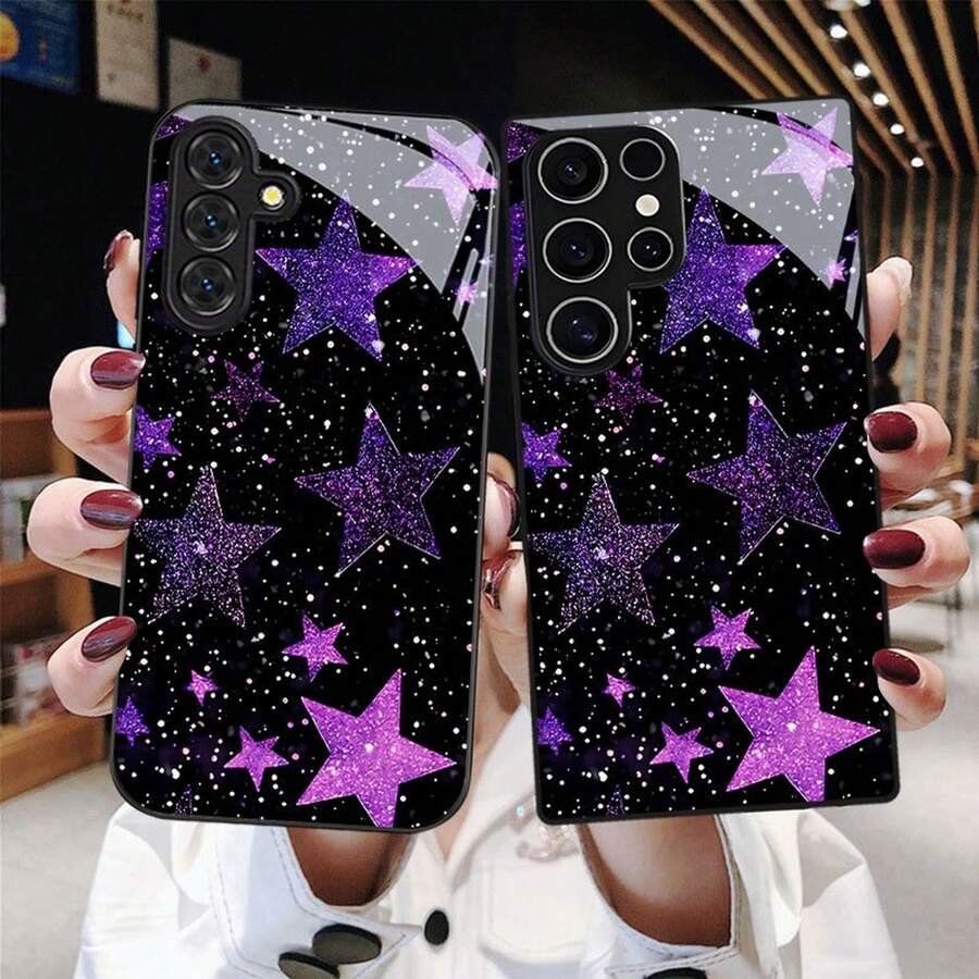 [24h Shipping From DE/FR/ES]Apple 11-17  21 -26 Ultra Mobile Phone Case: Purple Star Glitter Print, Feminine Design With Lens Protection, Compatible With Galaxy A04s/A05s/A06/A07/A10/A11/A12/A13/A14/A15/A16/A17/A20s/A21s/A22s/A23/A24/A25/A26/A30s/A31/A32/A33/A34/A35/A36/A42/A50s/A51/A52/A52s/A53/A54/A55, Tempered Glass Cover - 1 Piece Of Picture Color - View 1