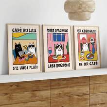 1/PC Cat Print Poster Wall Art, Fun Kitchen Mural, Pasta, French Cafe, Croissant Cat Poster, Restaurant Wall Frameless Decoration, Cat Art Gift Creativity - 1PC - View 1