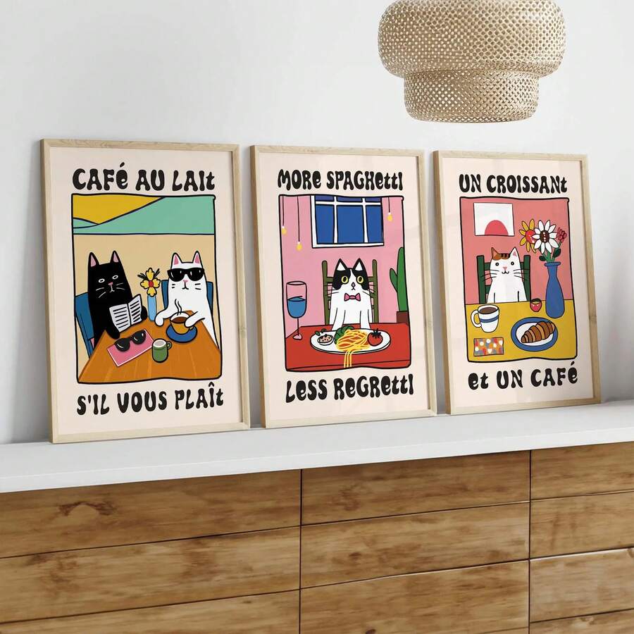 1/PC Cat Print Poster Wall Art, Fun Kitchen Mural, Pasta, French Cafe, Croissant Cat Poster, Restaurant Wall Frameless Decoration, Cat Art Gift Creativity - 1PC - View 1