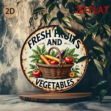 2D Flat - Round Metal Sign, Displaying Fresh Fruits And Vegetables, Vintage Style Design, Perfect For Decorating Kitchen, Home Or Market (Random Hole Positions) - A - View 4