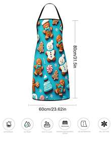 2Pcs Waterproof Merry Christmas Household Aprons, Bright Blue 3D Cartoon Gingerbread Man Snowman Peppermint Candy & Off White Gingerbread Bow Candy Cane Winter Element Printed Adjustable Bib Aprons, Indoor Baking Cleaning Xmas Decorative Apron Gifts - Multicolor - View 3