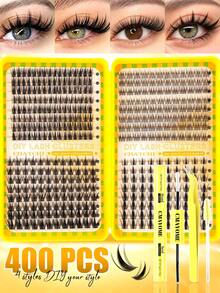 400pcs Mixed Style Cluster False Eyelashes, Maple Leaf/Wheat/Triple Fish, Delicate Natural Eyelash Band, DIY Home Eyelash Extension, Cluster False Eyelashes, Single Piece False Eyelashes, False Eyelashes, Suitable For Creating Various Makeup Looks, Suitable For Daily/Date/Party Use - Multicolor - View 1