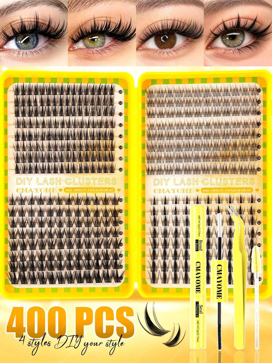 400pcs Mixed Style Cluster False Eyelashes, Maple Leaf/Wheat/Triple Fish, Delicate Natural Eyelash Band, DIY Home Eyelash Extension, Cluster False Eyelashes, Single Piece False Eyelashes, False Eyelashes, Suitable For Creating Various Makeup Looks, Suitable For Daily/Date/Party Use - Multicolor - View 1