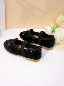 Girls' White Satin Pearl Bow Mary Jane Flats, Princess Style Formal Dress Shoes For Kids - Black - View 4