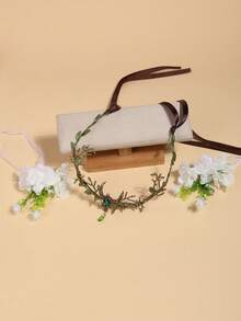 3pcs Forest Elf Branch Moon Headpiece Photography Flower Crown Headband Bride White Flower Wrist Corsage Set Cosplay Hair Accessory - Army Green - View 8