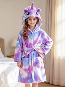 Tween Girl Purple Starry Sky Unicorn Long Sleeve Hooded Pajamas Bathrobe - Multicolor - View 4
