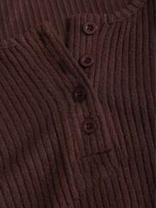 Girl's Coffee Brown Autumn/Winter Casual Daily 2 Pieces Set, Soft Knitted Ribbed Fabric, Open Front Waist Pleated Design Long Sleeve Top And Elastic Waistband Bowknot Drawstring Decor Straight Leg Knitted Ribbed Pants, Suitable For Daily Wear And Outings. - Coffee Brown - View 3