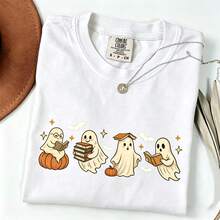 Women's Crew Neck T-Shirt, Cute Ghost And Book Print Casual Top - 白色 - 查看 1