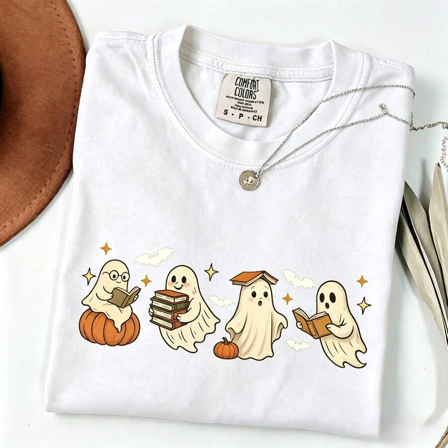 Women's Crew Neck T-Shirt, Cute Ghost And Book Print Casual Top - 白色 - 查看 1